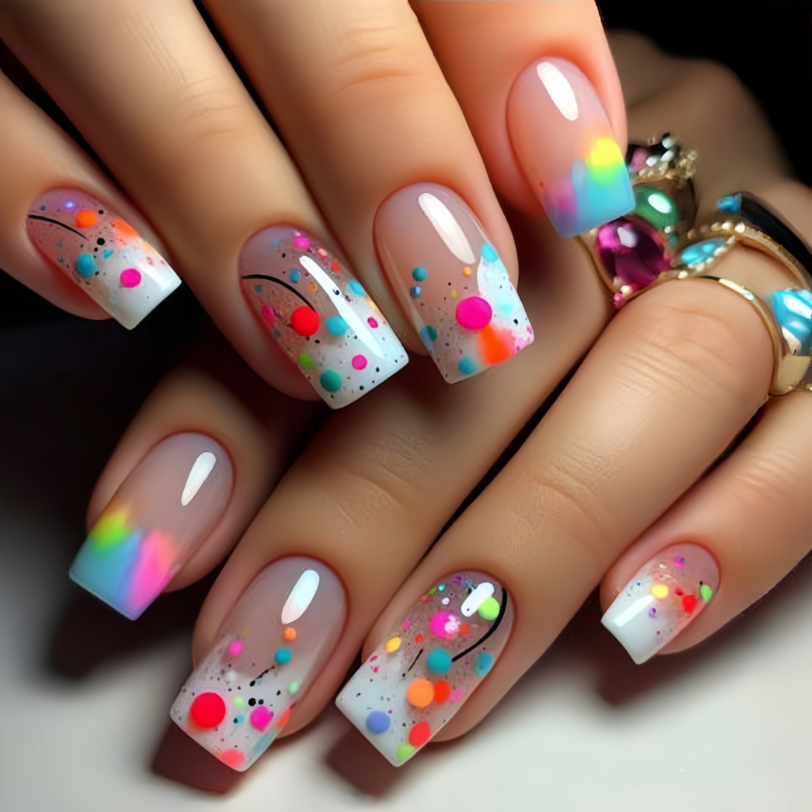 96pcs Cute Sweet Press-on Nails Rainbow Heart Floral Colorful Party Nails Art