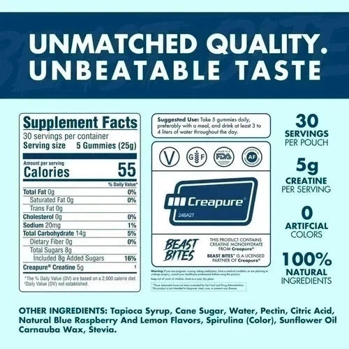 Beast Bites Creatine Infused Gummies, Blue Raspberry, 450 Servings New–+