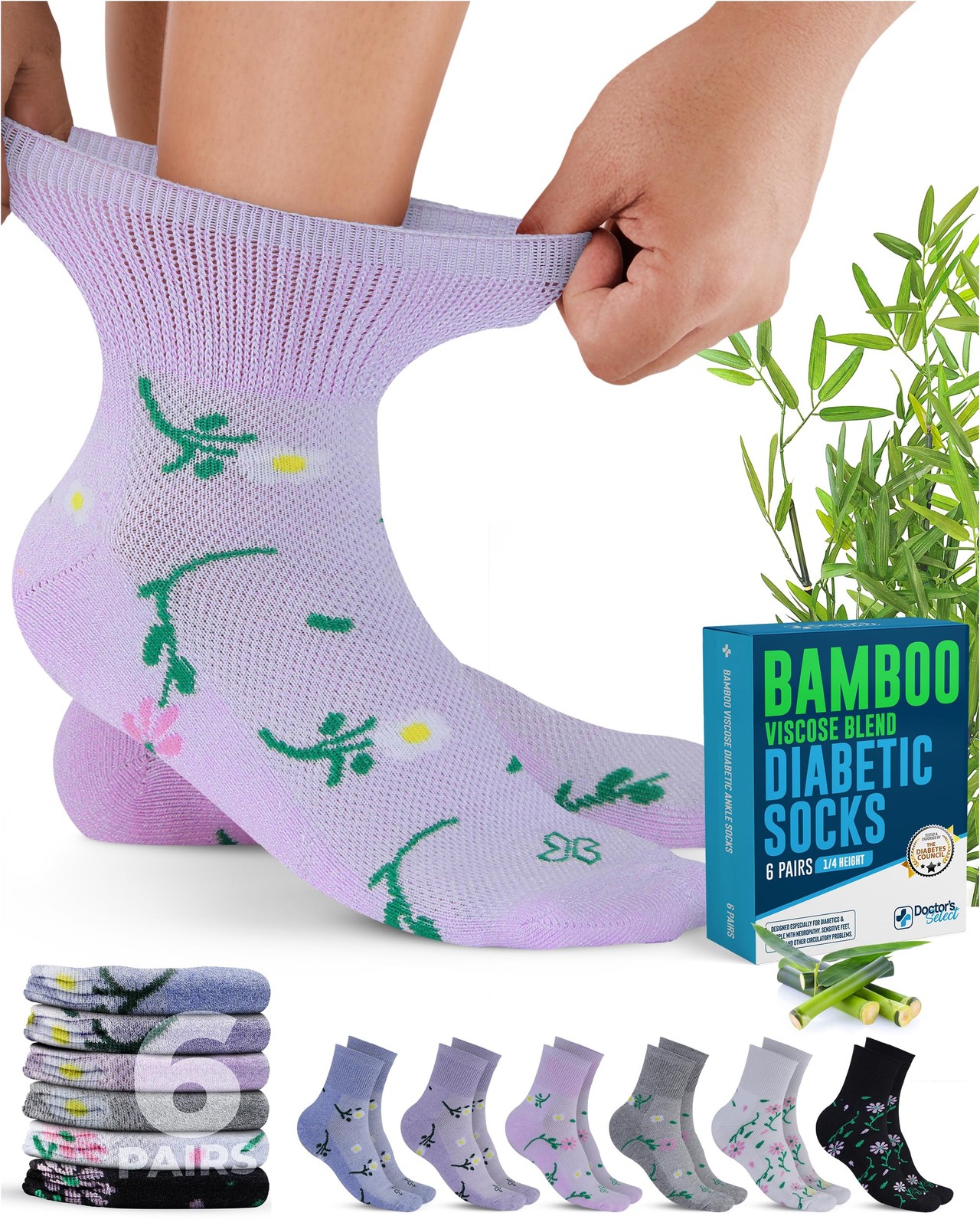 Doctor’s Select Bamboo Viscose Diabetic Socks for Medium, Flowers – 6 Pairs