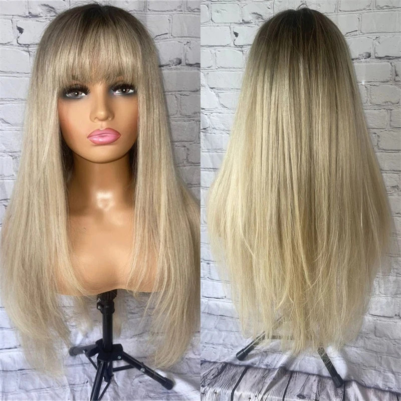 Ombre Warm Light Blonde Wigs with Bangs 100% Human Hair Wigs None Lace Wigs