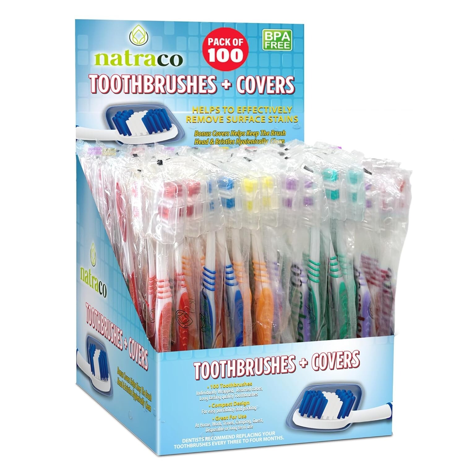 100 Bulk Toothbrushes + Caps, Individually Wrapped, Medium Soft “DAMAGED CARTON”