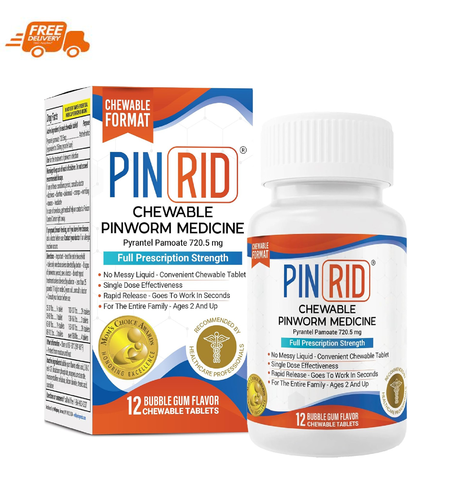 PIN RID – Pinworm Medicine for Family 2+, Bubble Gum Chewable Tablets (12 Doses)