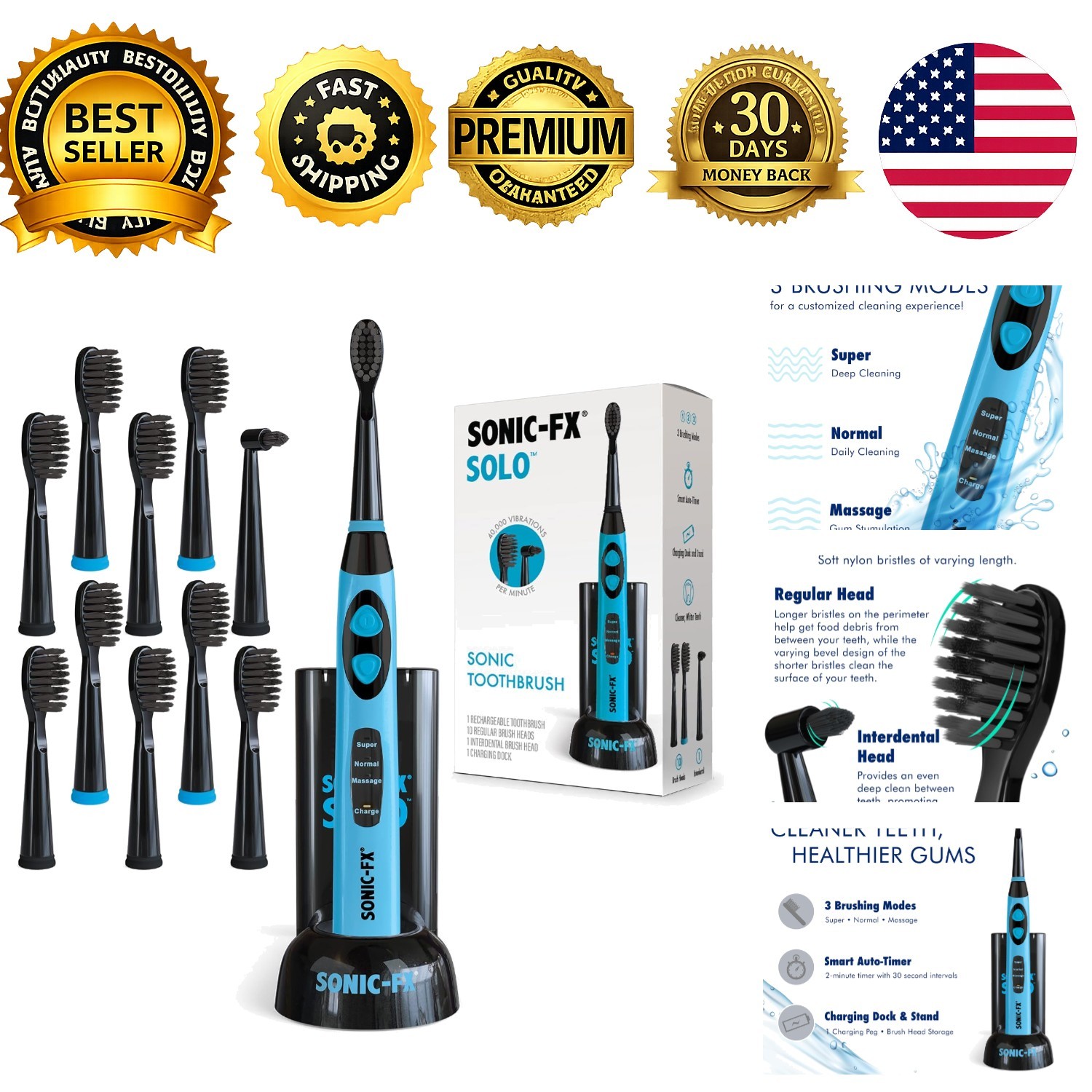Solo Electric Toothbrush Rechargeable 10 Brush Heads Interdental Charcoal Blue