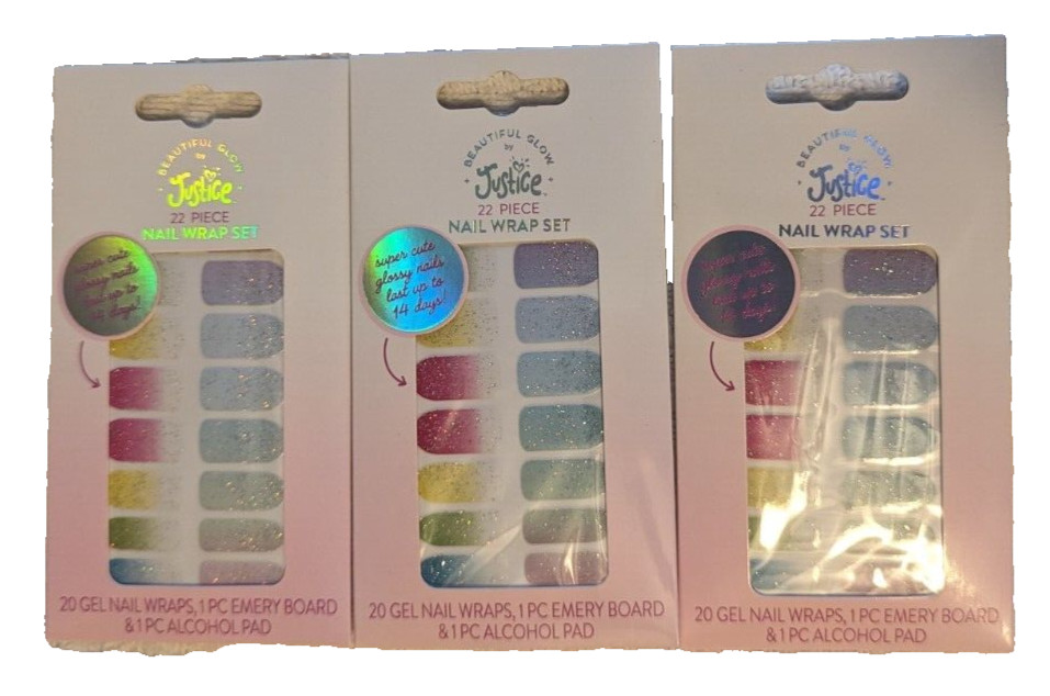 Beautiful Glow by Justice 22 Piece Nail Wrap Set (Combo of 3 Sets)