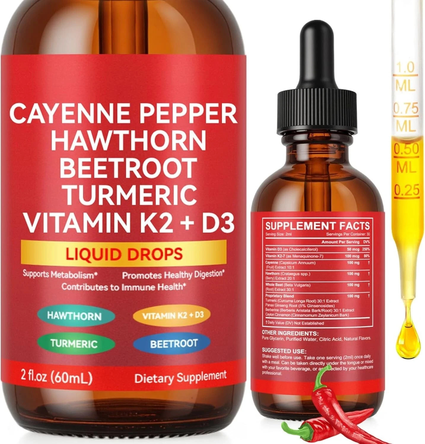 Cayenne Pepper Hawthorn Beet Root Turmeric Vitamin K2+D3 Liquid Drops 60ML