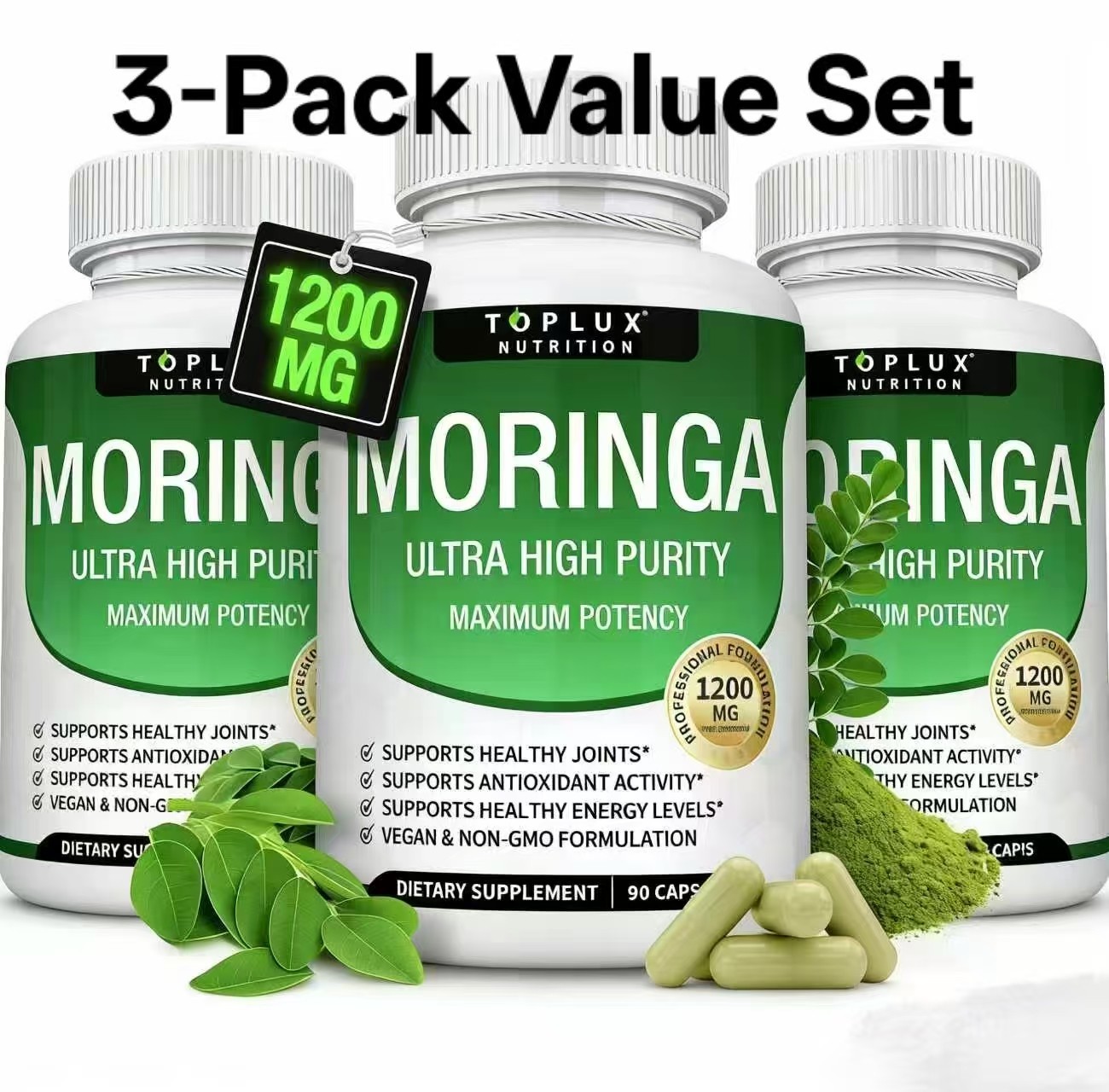 Toplux Moringa Capsules – 3-Pack – 1200mg – 270 Capsules – Vegan, Non-GMO