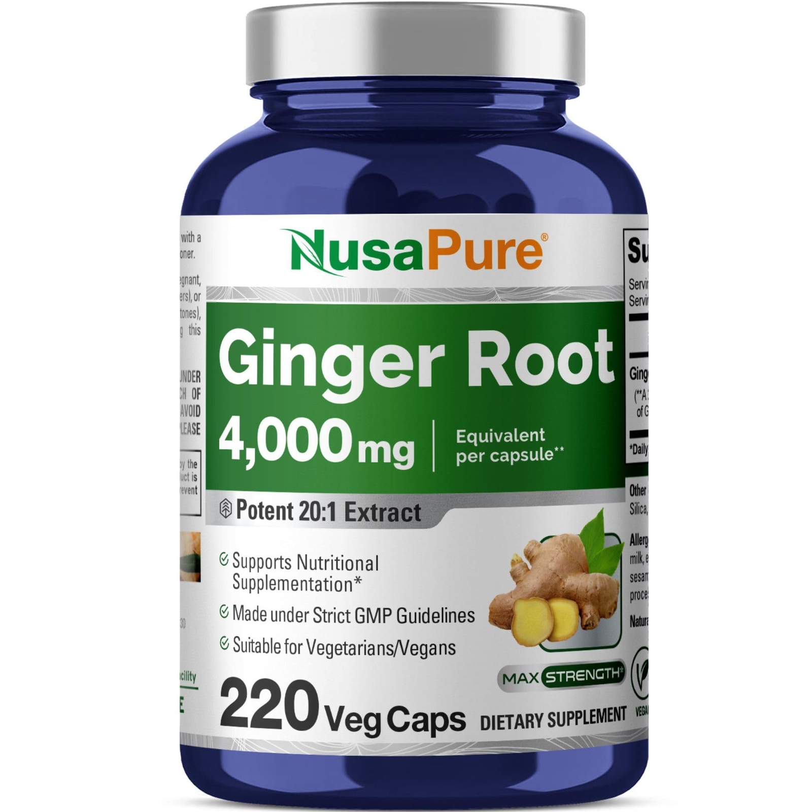 NusaPure Ginger Root Capsules 4000 mg per Veggie Caps | 220 Count | Non-GMO