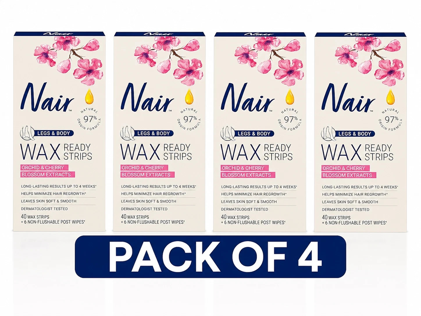4 Pack Nair Hair Remover Wax Ready Strips for Legs & Body, Waxing Kit for Hair