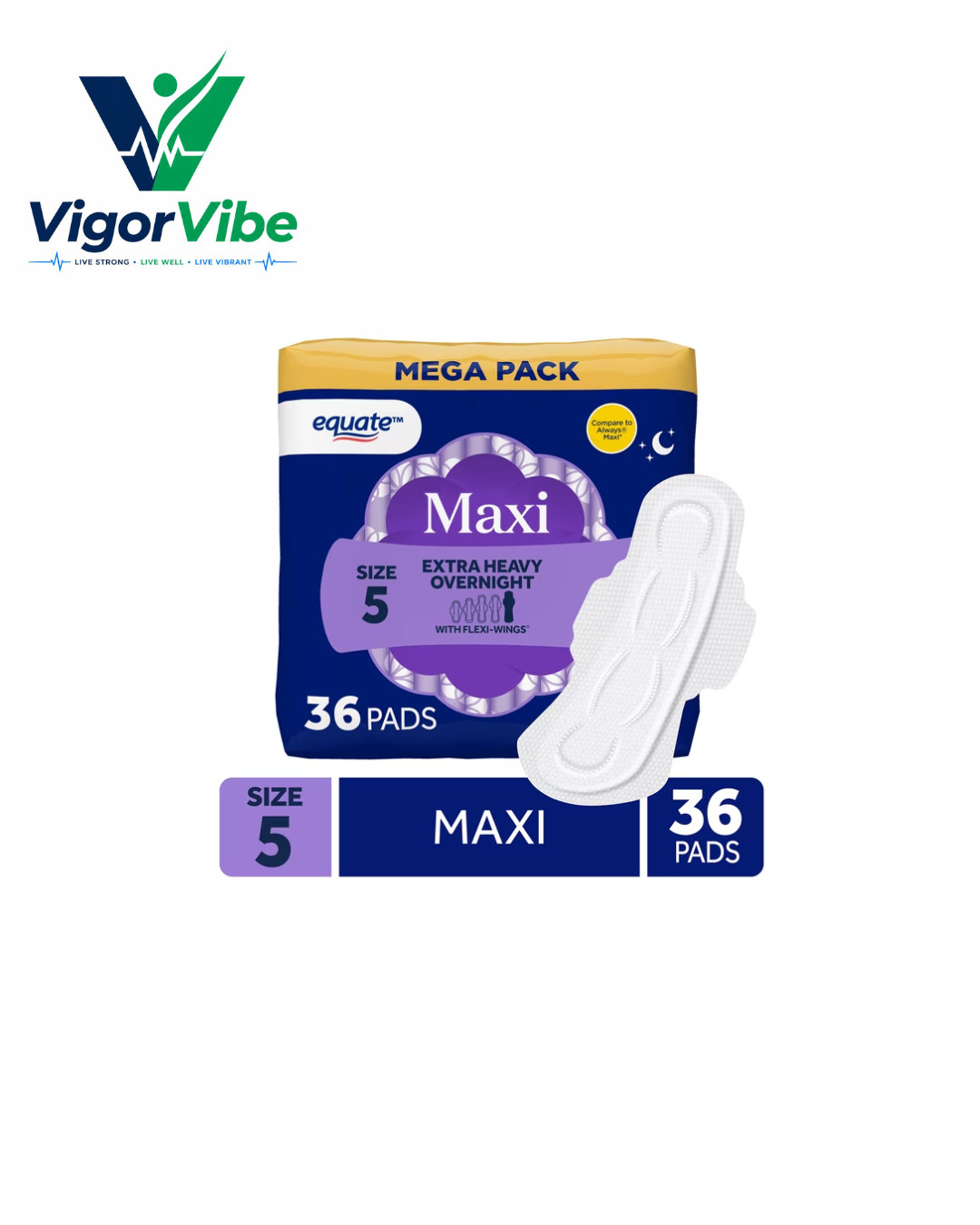 Equate Overnight Maxi Pads Size 5, Extra Heavy, Flexi-Wings, 36 Count