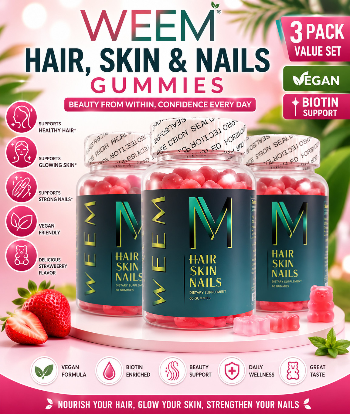 3 Packs WEEM Hair Skin and Nails Gummies, Vegan biotin Vitamins, Healthy Hair