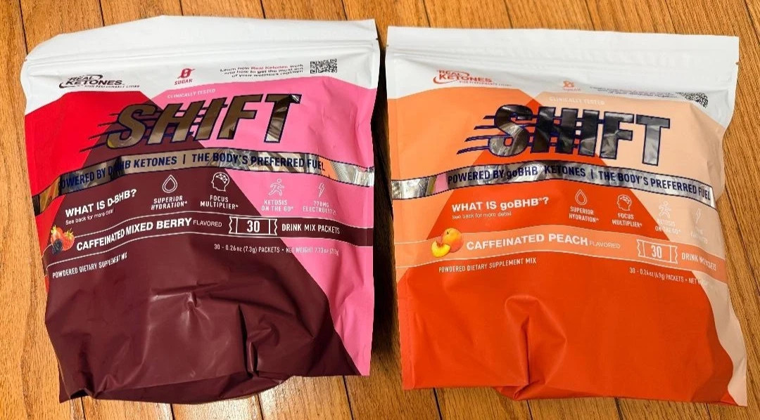 Real Ketones, Shift, caffeinated peach & mix berry, total 60 days supply EXP2027