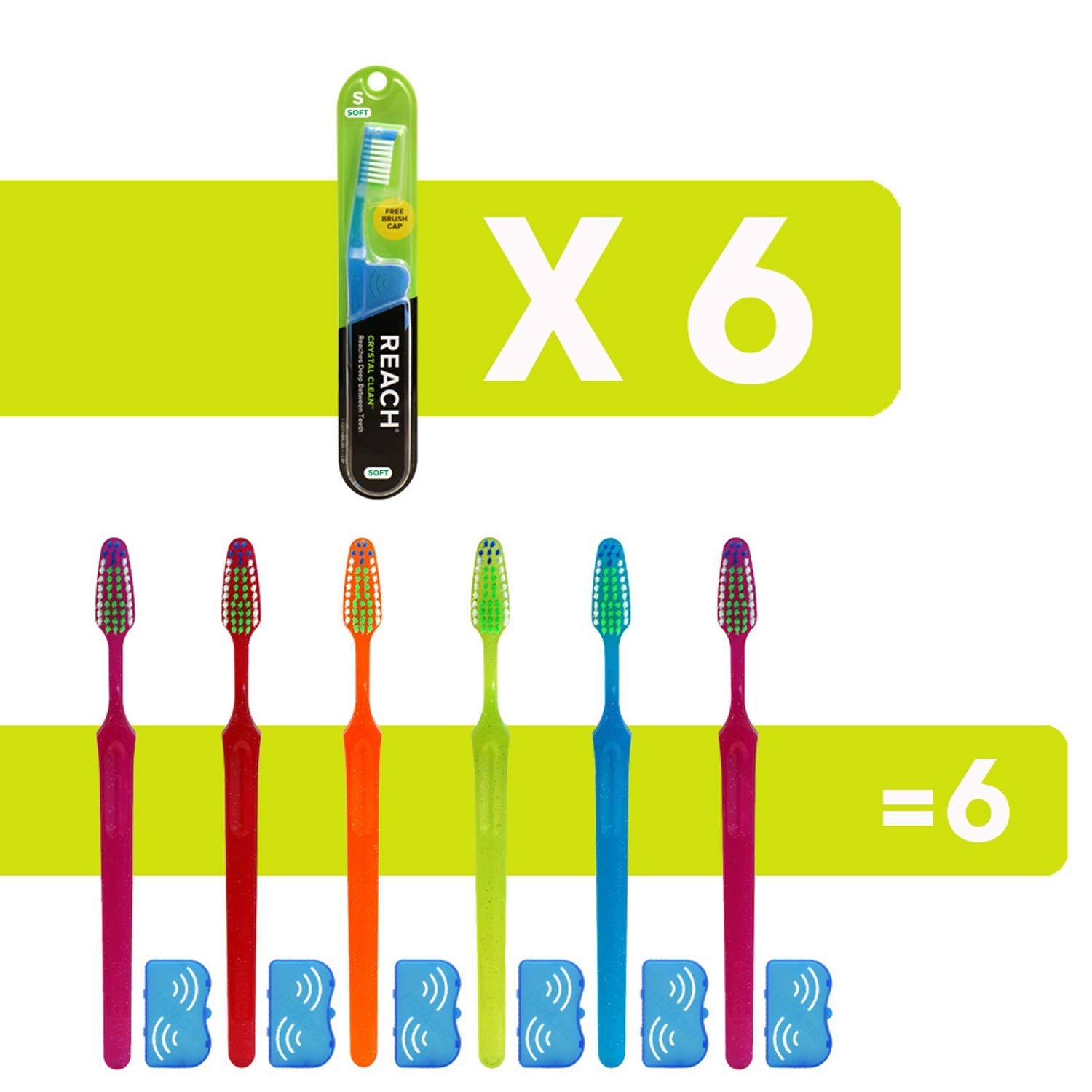 Reach Crystal Clean Toothbrush SOFT with Free Travel Cap Soft Bristles x 6 Pack