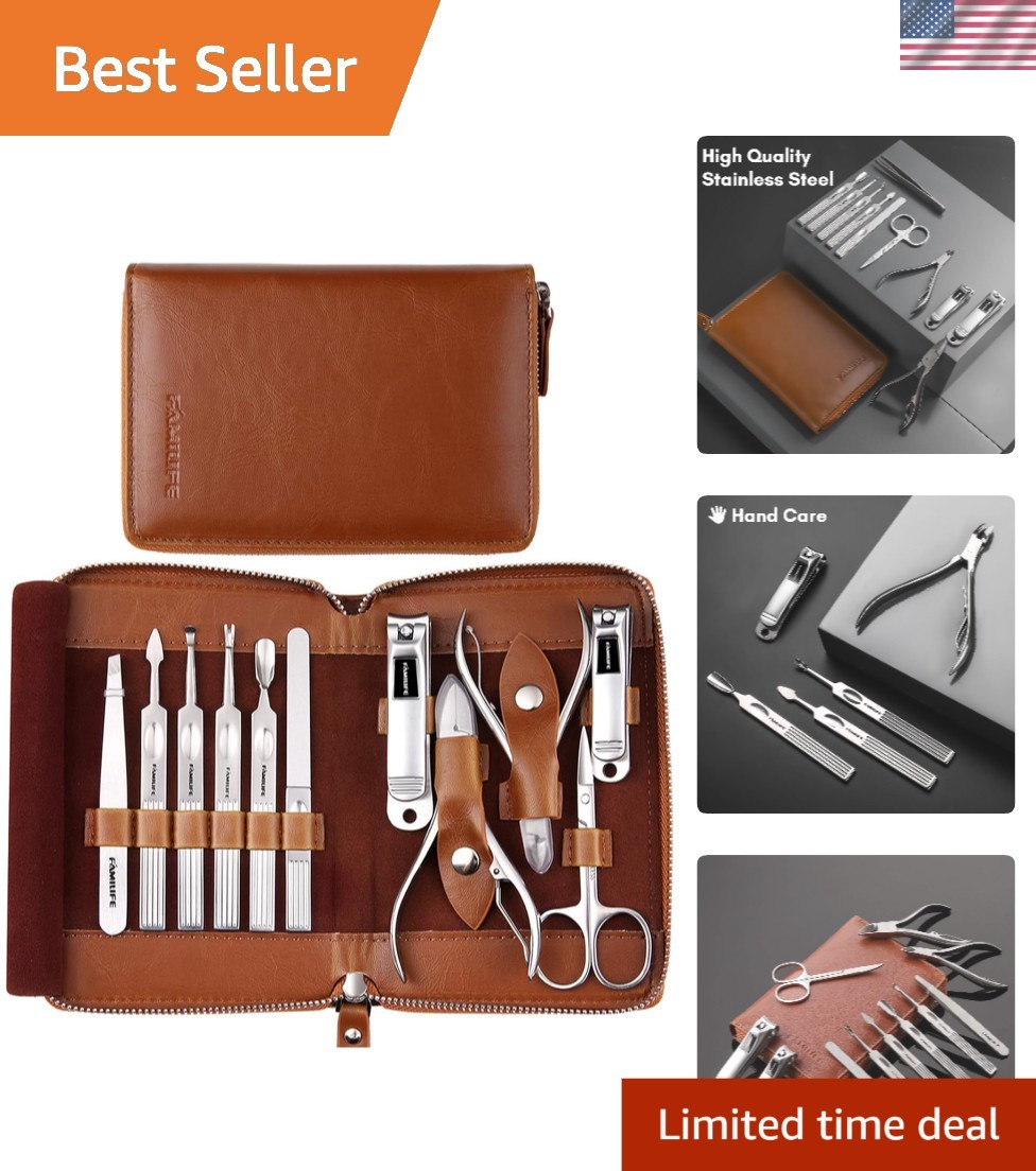 Professional 11 in 1 Manicure Set for Men – Brown Leather Travel Case Included