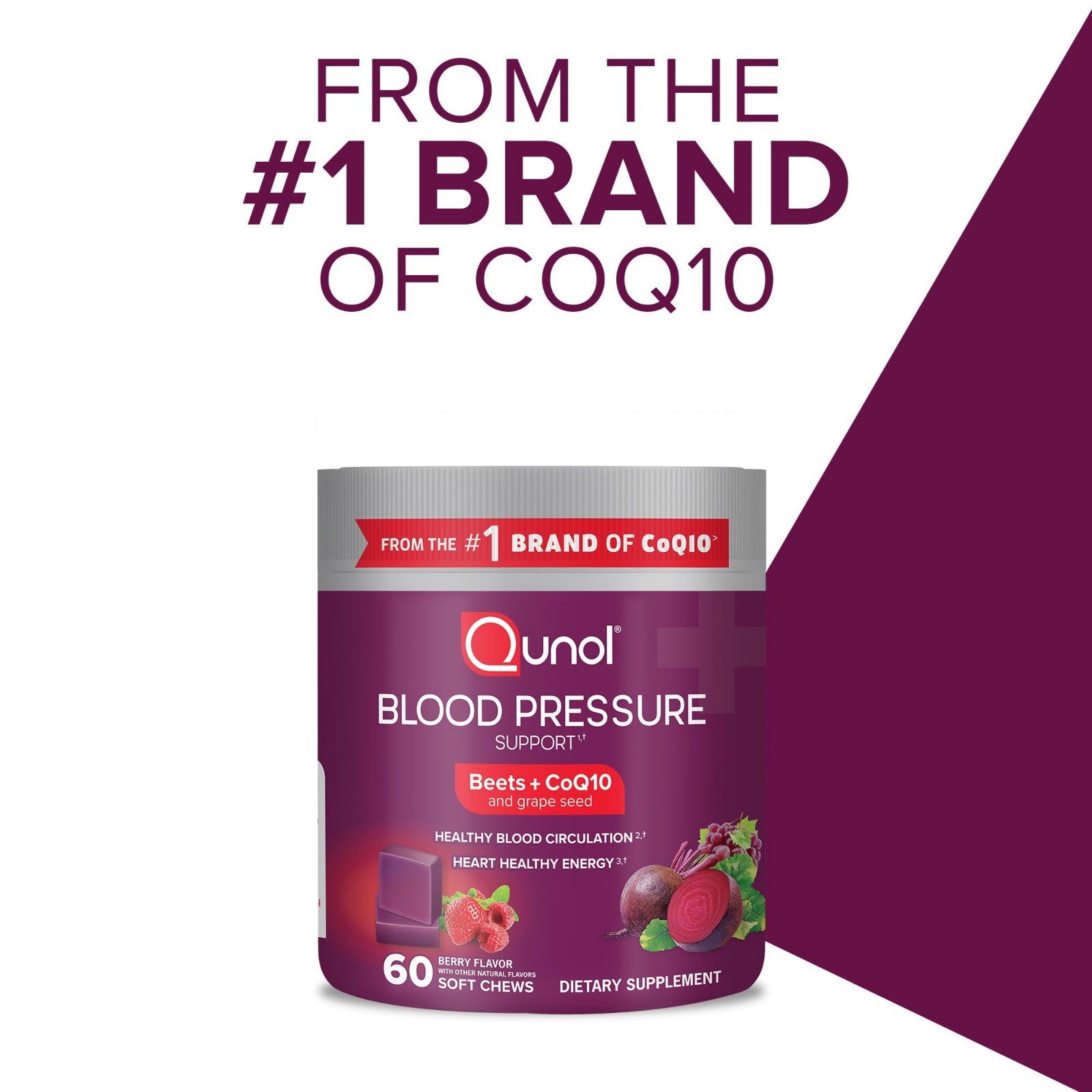 Beet Chews for Blood Pressure Support – 3-in-1 CoQ10 & Grape Seed Extract, 60 Ch
