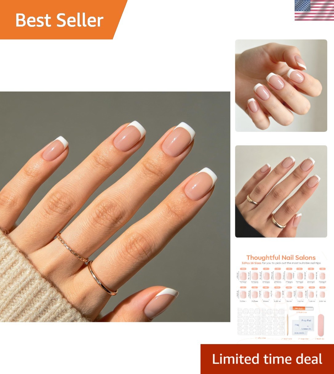 Durable Reusable Press on Nails – 32pcs with Nail Glue & Mini File, Short Square