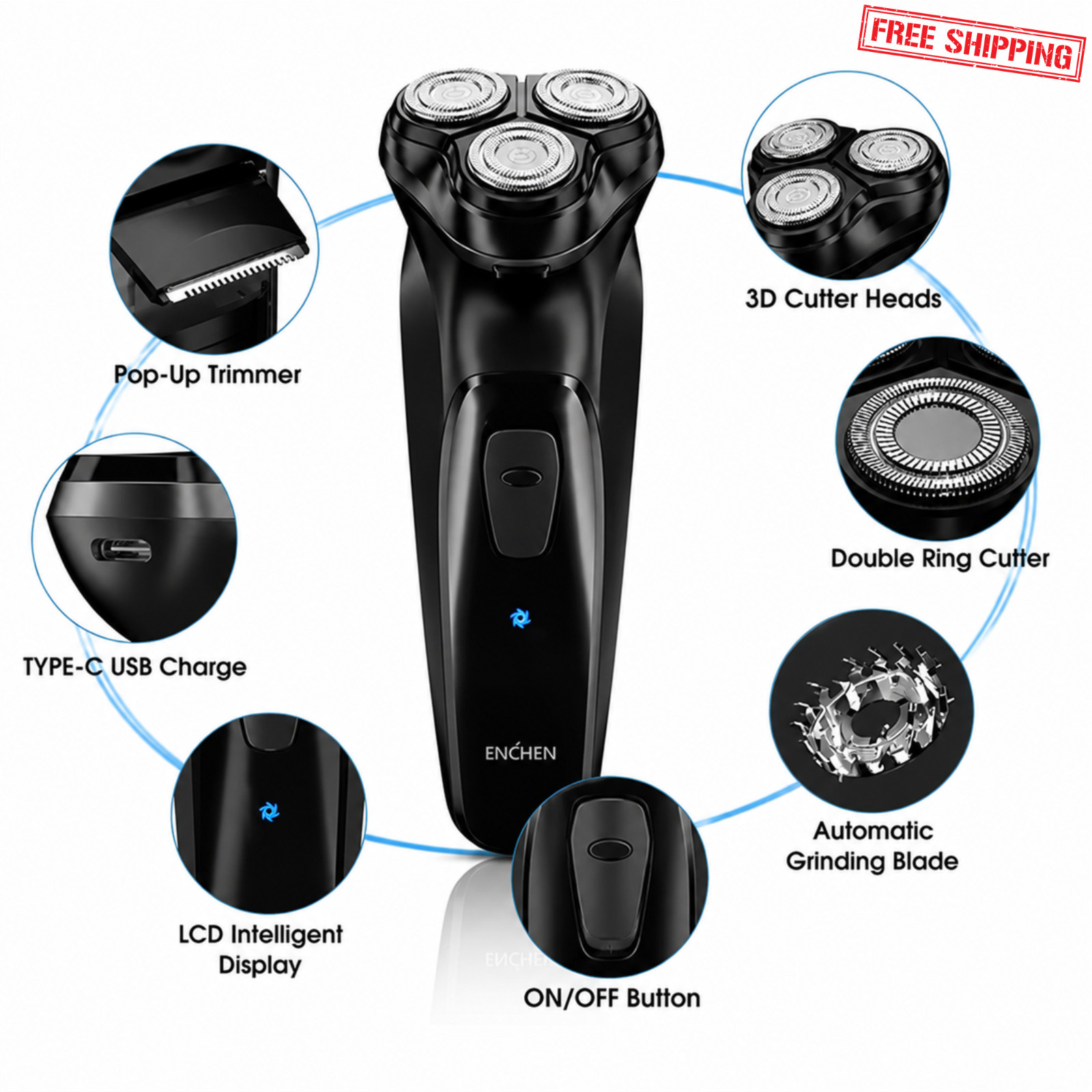 Men Cordless Electric Shaver 3D Floating Rotary Razor Beard Trimmer Type-C