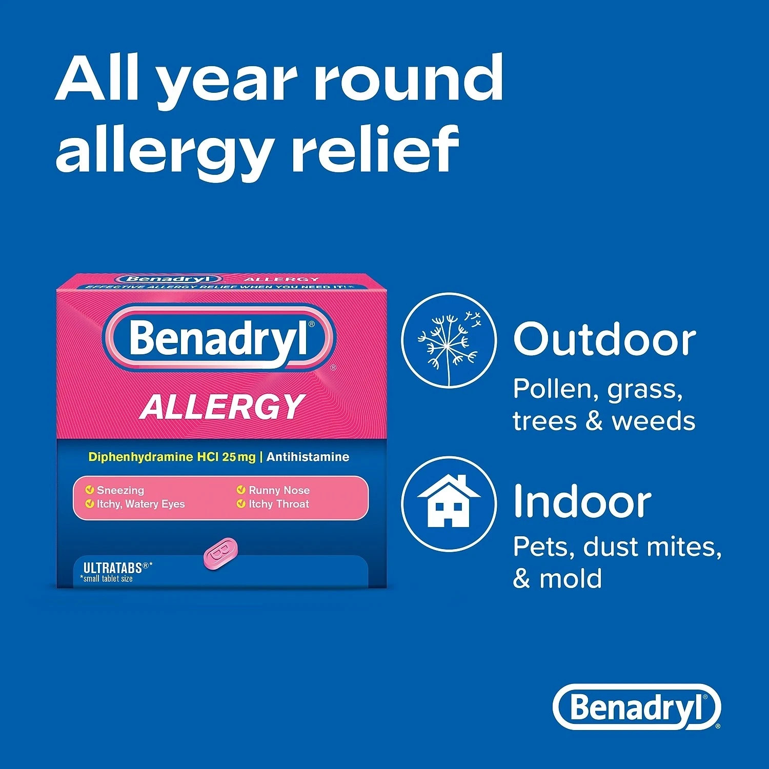 BENADRYL ALLERGY MEDICINE PILLS DIPHENHYDRAMINE HCL 25 MG RUNNY NOSE 144 COUNT!!