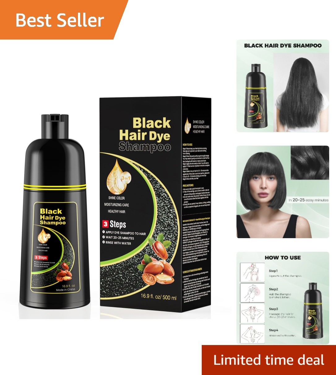 Moisturizing Black Hair Dye Shampoo – 3-in-1, Easy Application for Vibrant Color