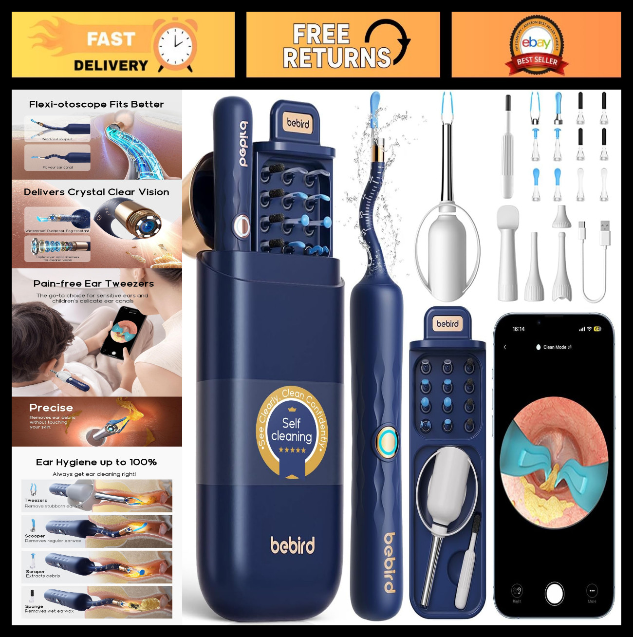 Ear Wax Removal Tool with Camera, Flexible Otoscope, Family Ear Cleaning Kit, FS