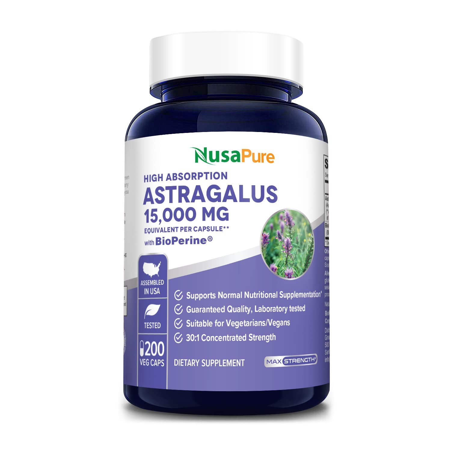 NusaPure Astragalus 15,000mg Per Caps 200 Veggie Capsules (Vegetarian)