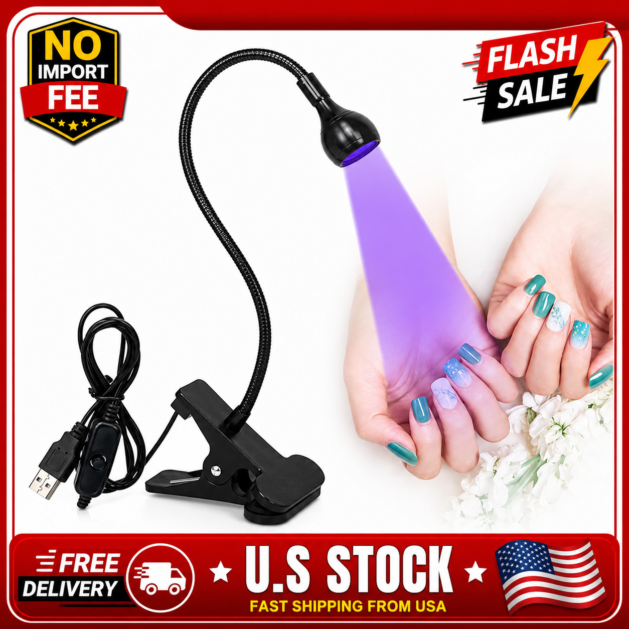 Mini UV Lamp for Gel Nails LED Nail Dryer 3W Flexible Gooseneck Clamp Resin Curi