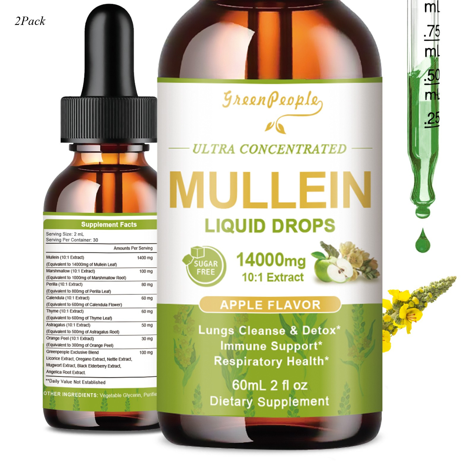 2 PACK Mullein Drops for Lungs, Detox and Cleanse Mullein Extract Supplement 2oz