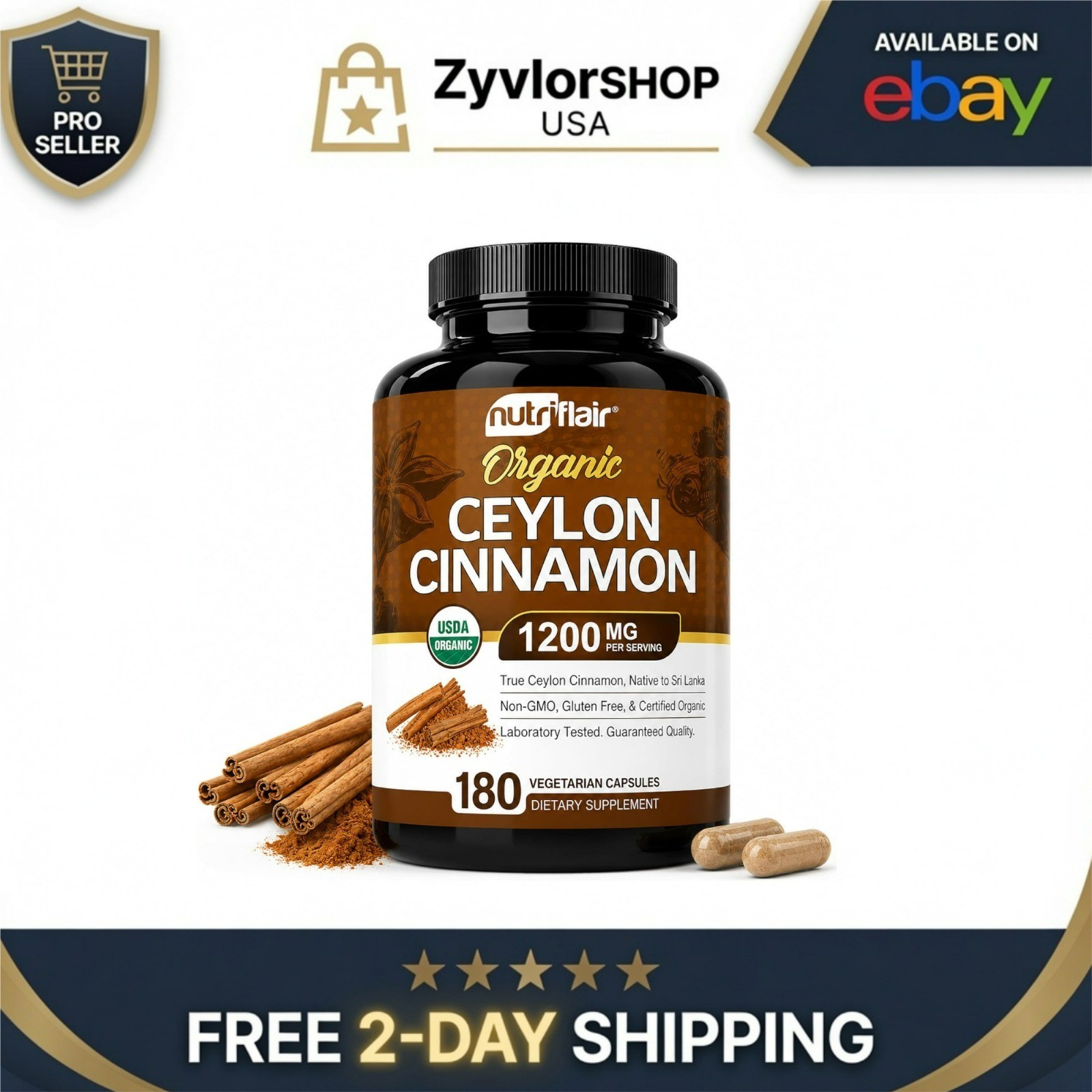 NutriFlair Organic Ceylon Cinnamon Capsules 1200mg – 180 Count