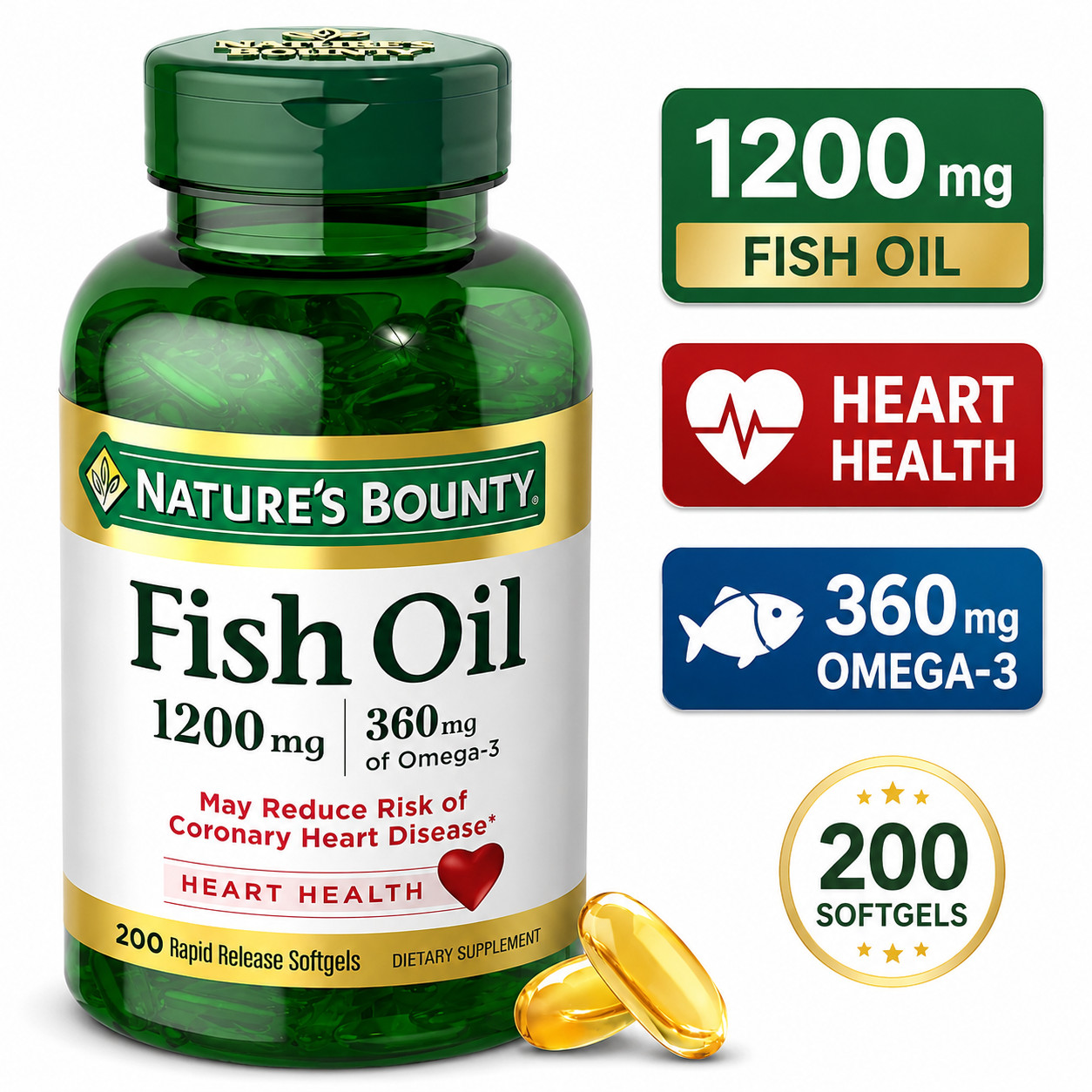 Nature’s Bounty Fish Oil Omega 3 Supplements – Supports Heart Health, 1200 Mg Fi
