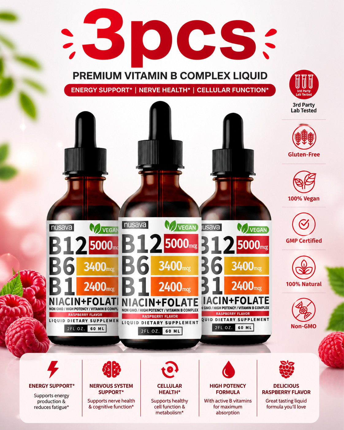 Nusava Vitamin B Complex Liquid 3 Pack B12 5000mcg Energy & Nerve Support