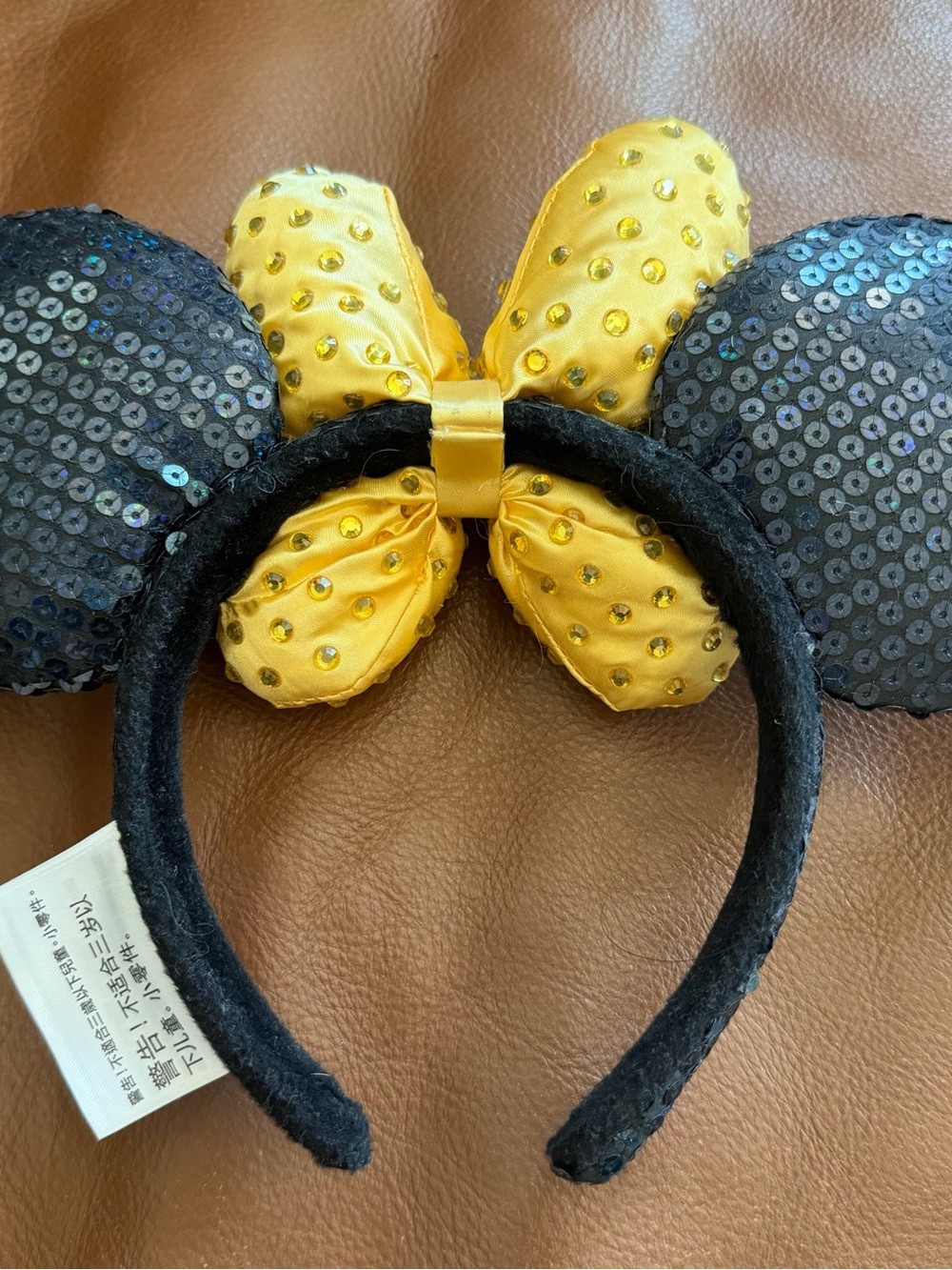 Authentic Disneyland Black Sequin Minnie Ear Headband with Yellow Jeweled Bow