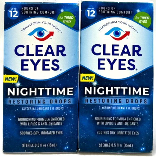 2 Clear Eyes Nighttime Restoring Drops, Soothes Dry & Irritated Eyes 0.5fl oz