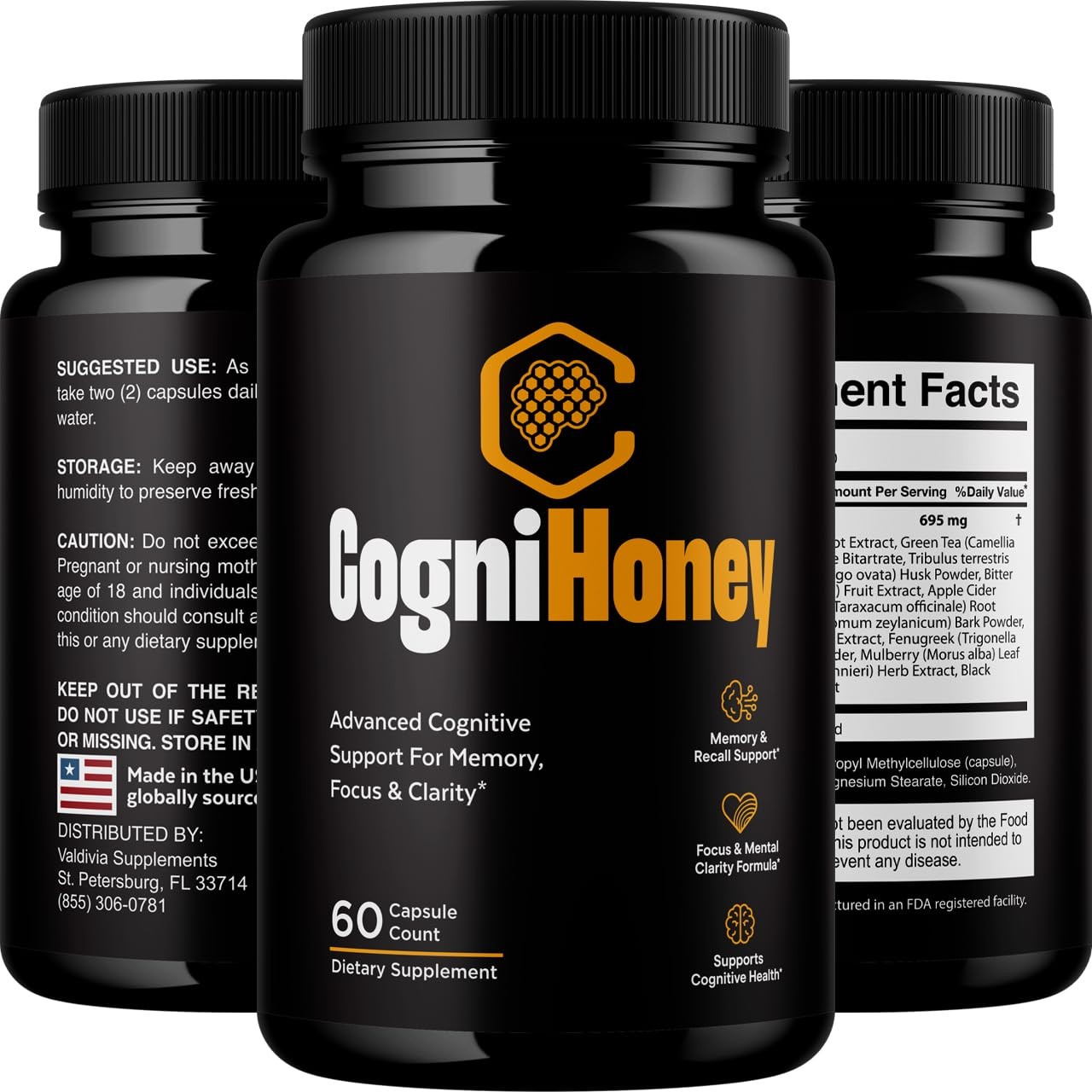 CogniHoney Brain Memory Focus Supplement Nootropic Capsules 1 Pack 60Ct