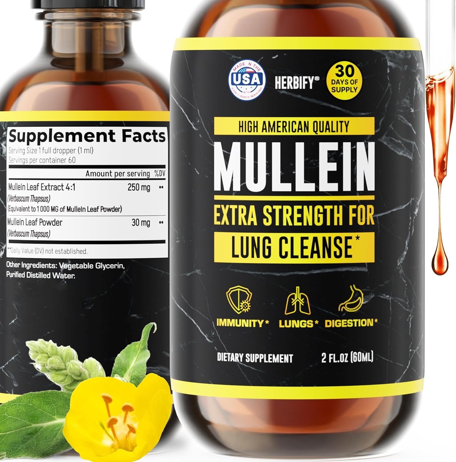 HERBIFY Mullein Extract 2 oz Tincture for Respiratory Health Mullein Leaf and…