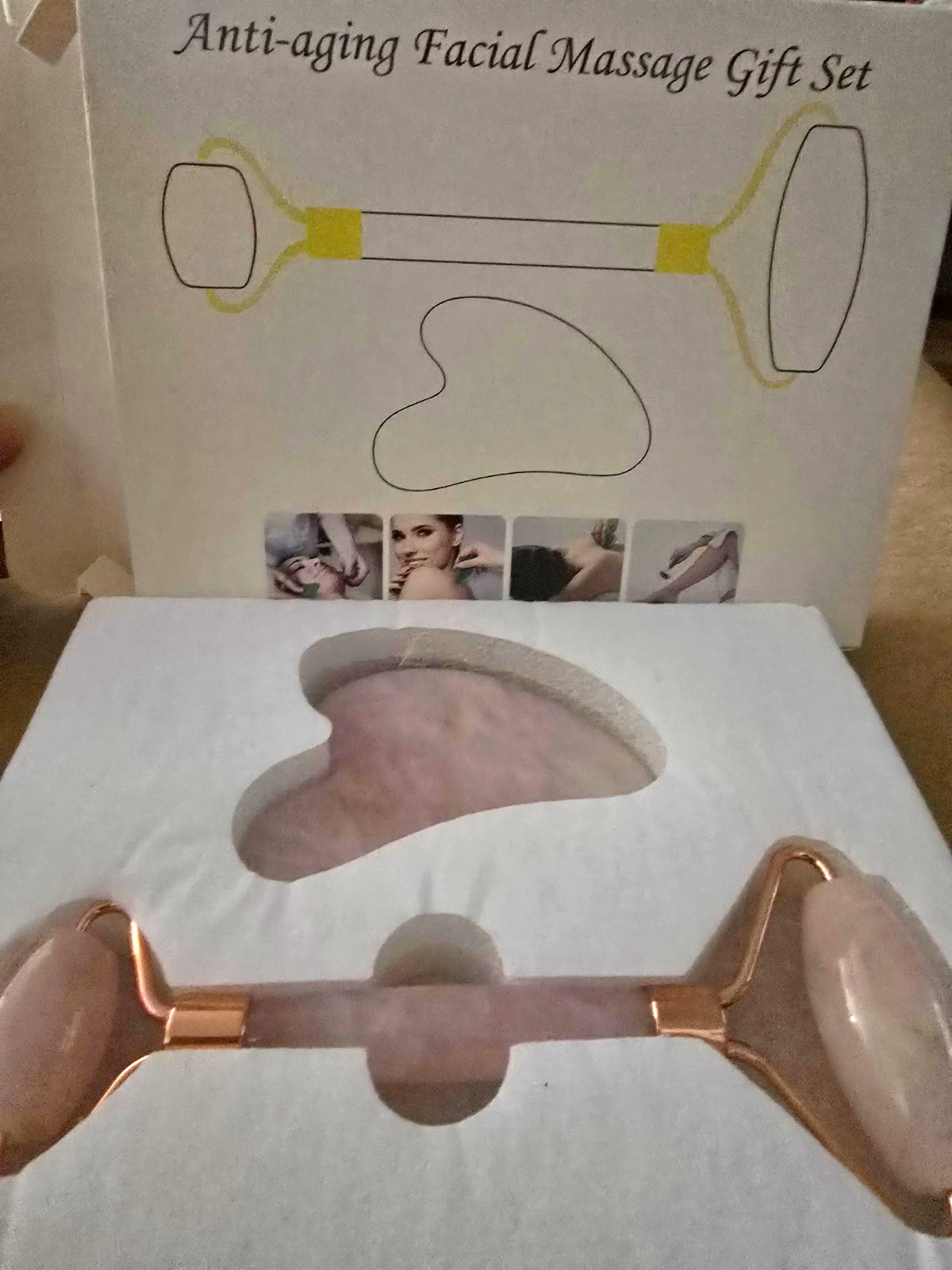 Pink Stone Face Massage Roller & Gua Sha Set, Handheld Manual, 2 Heads