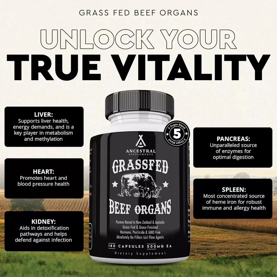 2(PACK) Ancestral Supplements Grass Fed Beef Organ Supplement – 180 Capsules US