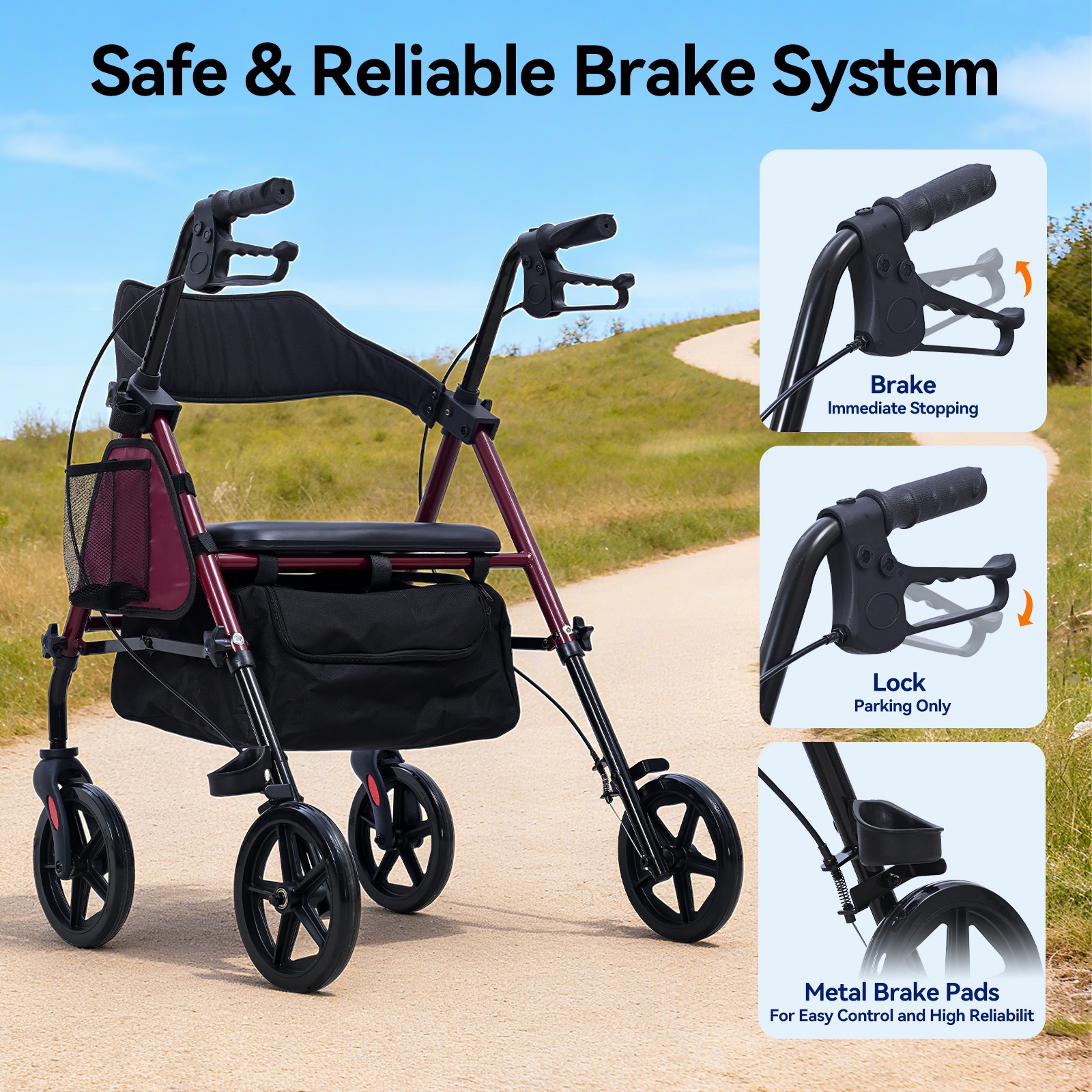 ByteTecpeak R4 foldable lightweight rollator with seat, brakes & bag, 4-wheel