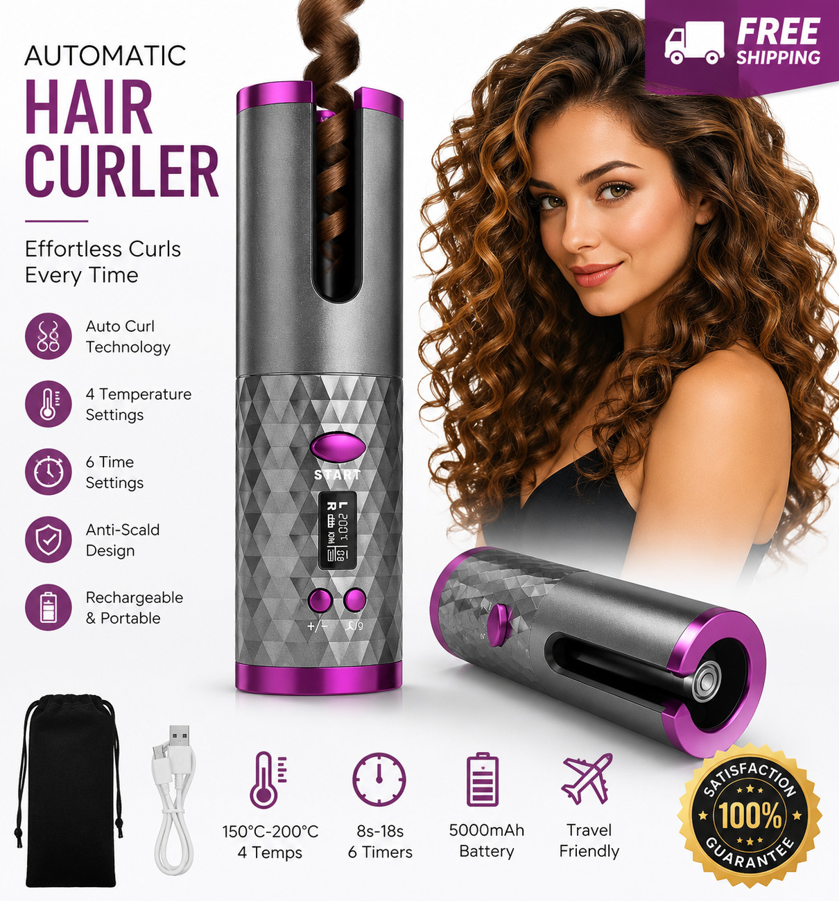 USB Cordless Automatic Rotating Hair Curler Hair Waver Curling Iron Styling Tool