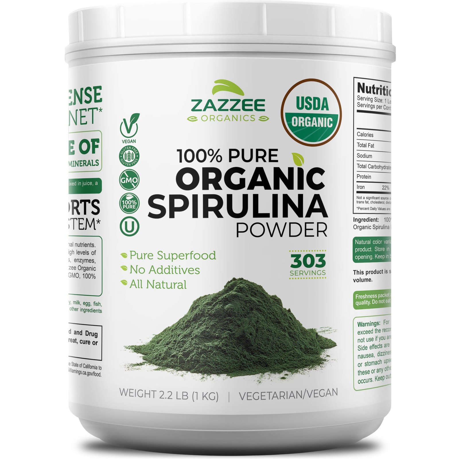 Zazzee USDA Organic Spirulina Powder, 2.2 Pounds 1 KG, 303 Servings
