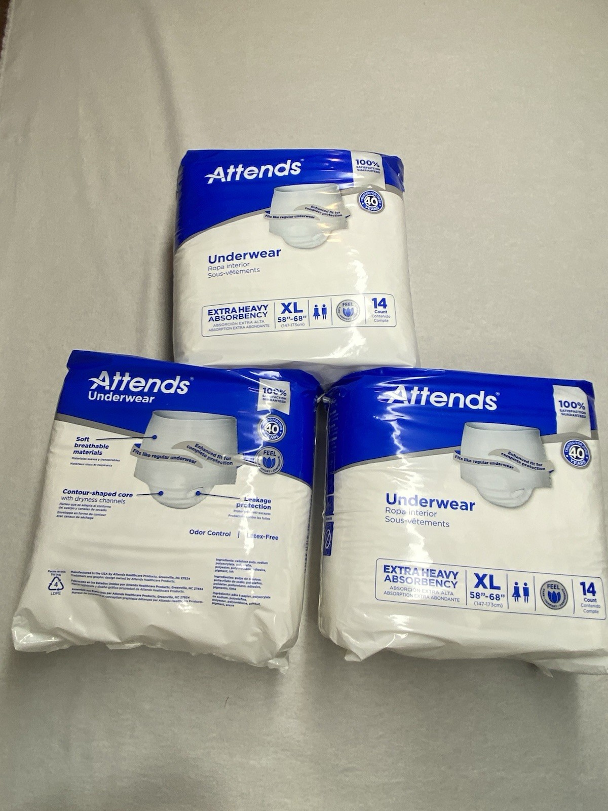 3 Packs Attends EXTRA LARGE, Heavy Absorbency Adult Underwear XL 14 Piece 58″-68
