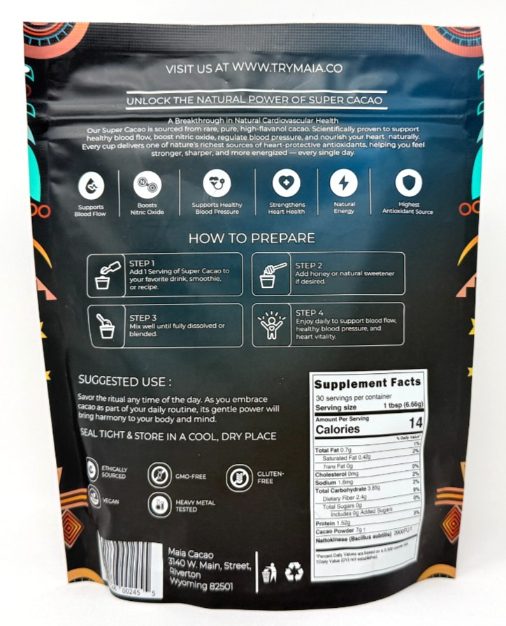 MAIA Ceremonial High Flavanol Super Cacao with NATTOKINASE 7 oz 30 Servings