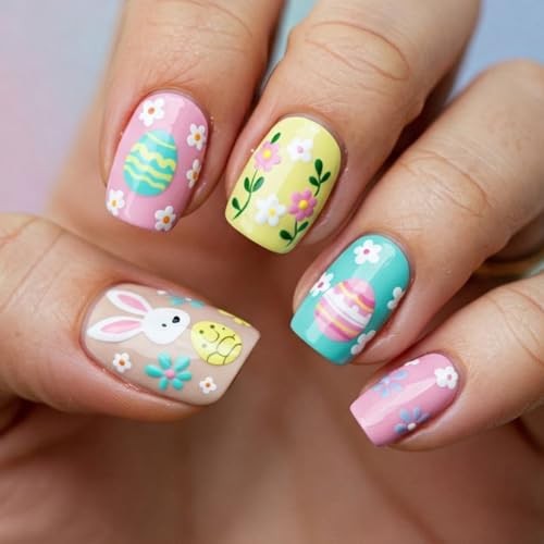 Easter Press on Nails Short Square Fake Nails Cute Easter Style-A Style-29