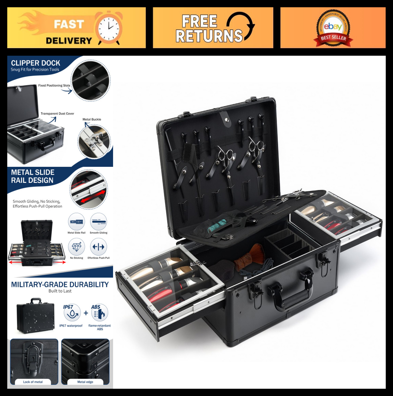 Professional Barber Case – Portable Aluminum Organizer with 6 Clipper Slots & 8