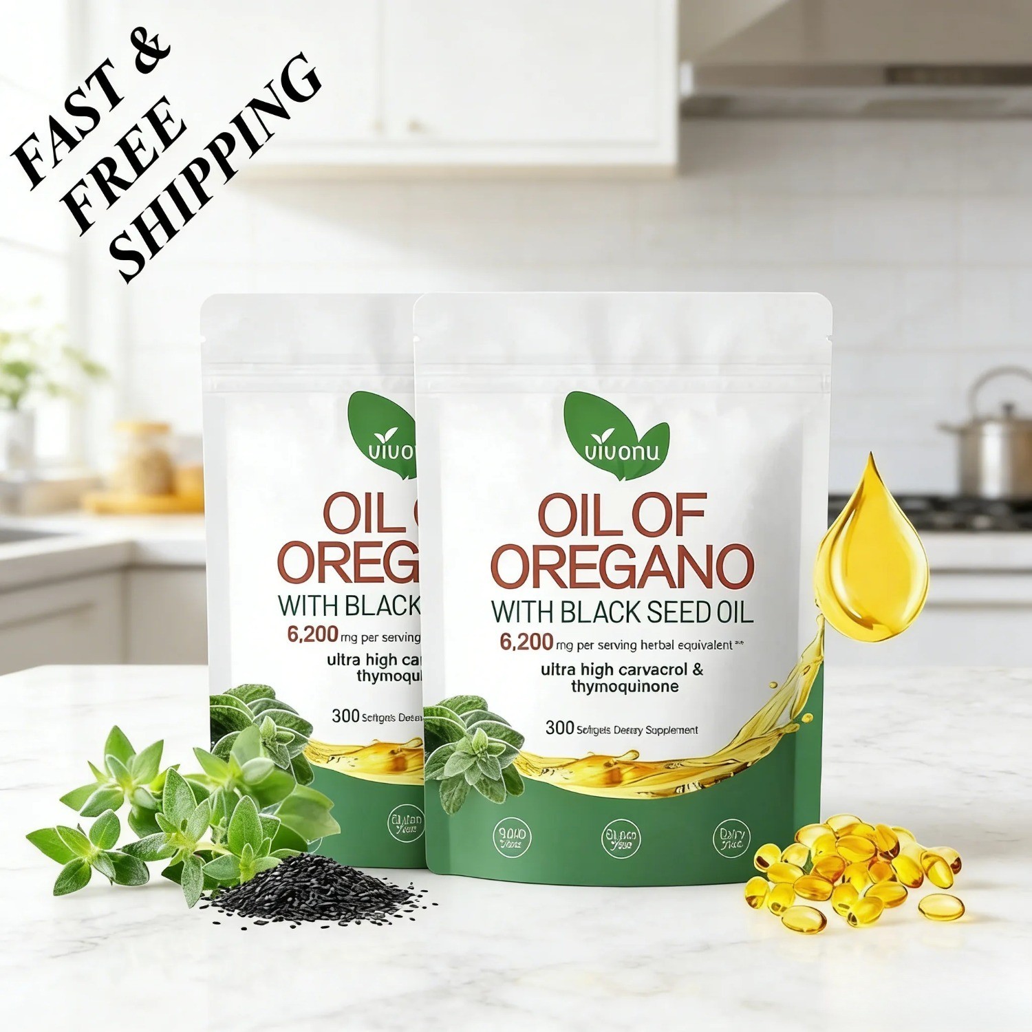 2PCS NEW Oregano Oil 6200mg with Black Seed Oil Immune Boosting Softgels