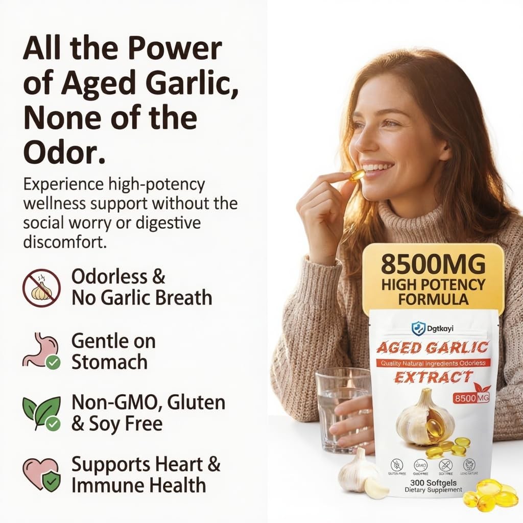 Odorless Aged Garlic Extract 8500mg – 300 Softgels, 2 Year Aged Organic Garlic S