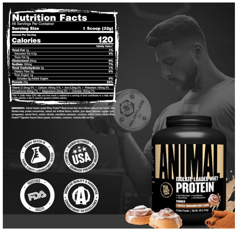 Animal Whey Isolate Frosted Cinnamon Bun 4lb 25g Protein Low Sugar