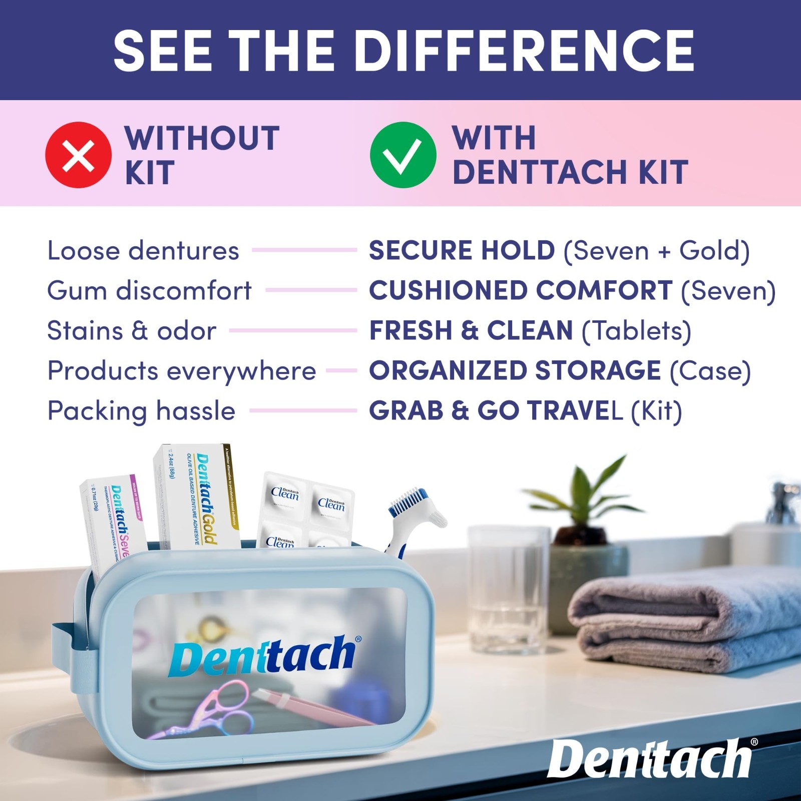 Denture Care Starter Kit – 9 Piece Set with Adhesives, Clean Tablets, Brush & Ca