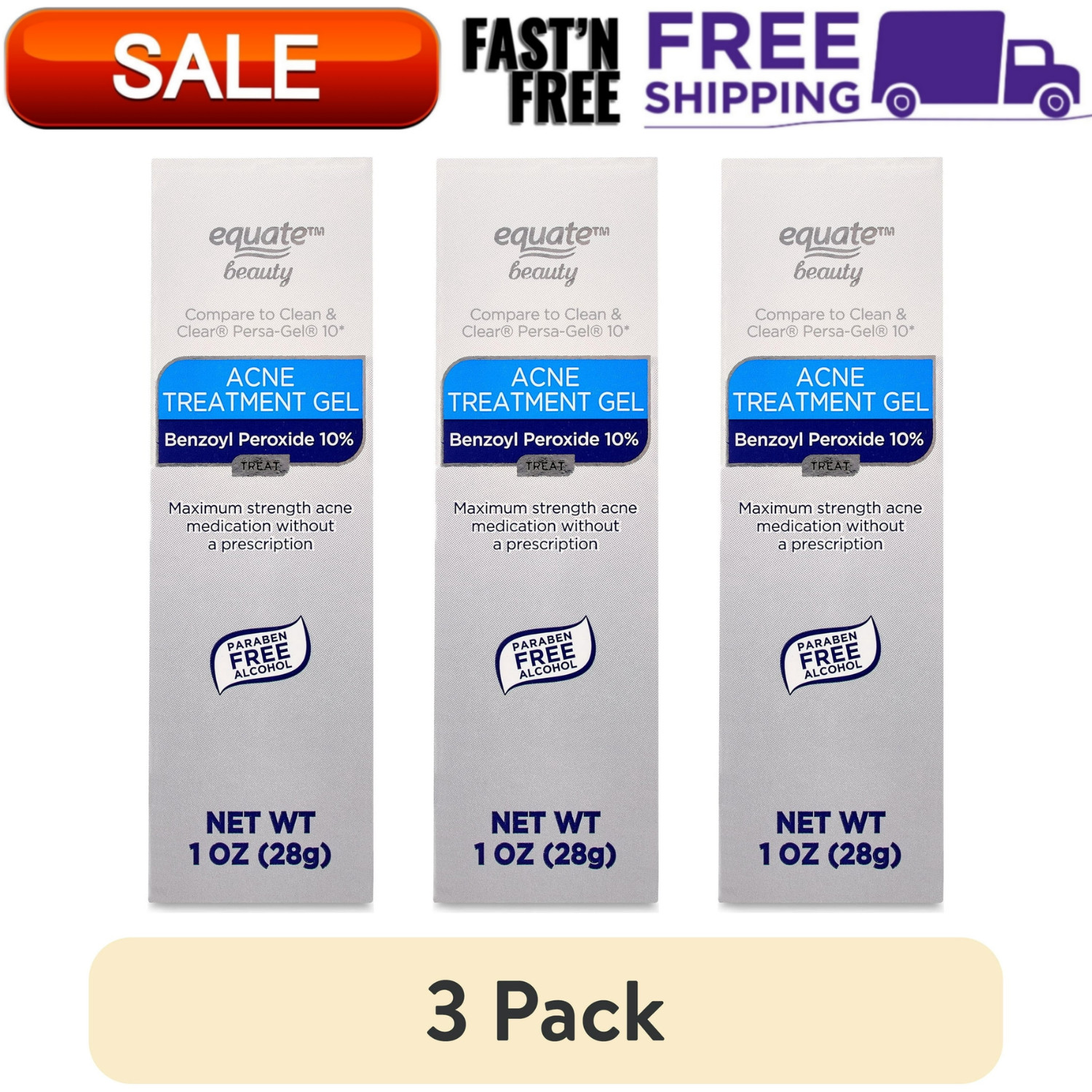 (3 pack) Equate Beauty 10% Benzoyl Peroxide Acne Treatment Gel, 1 Oz (28g) Tube