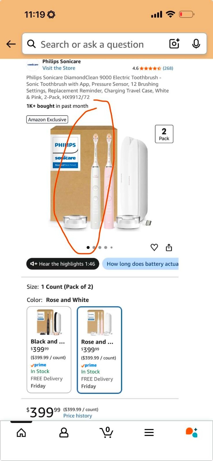 Philips Sonicare Diamond Clean 9000 Rechargeable Electric Toothbrush White
