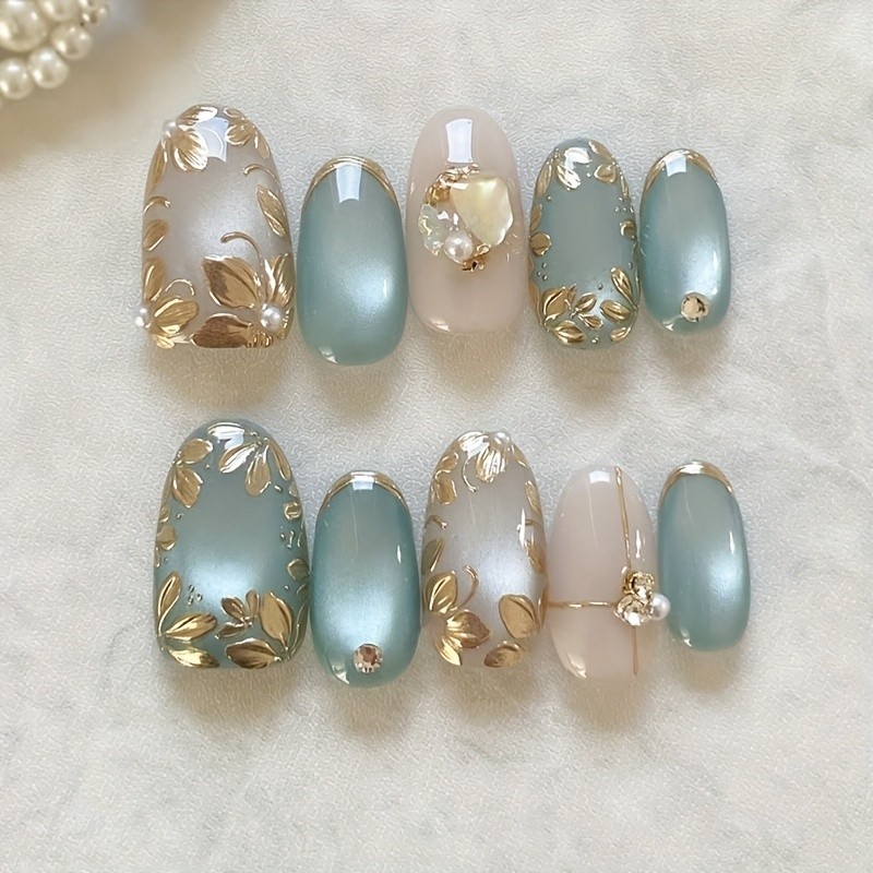48Pcs-Bridal Almond False Nails Mint Cat Eye Gold Leaf Rhinestone Press on Nails