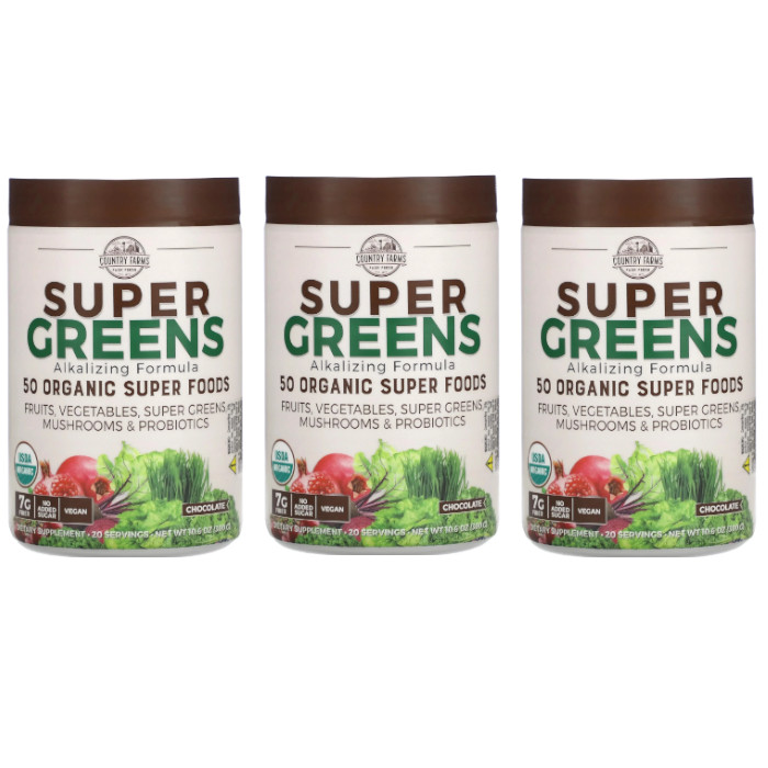 Country Farms Super Greens Alkalizing Formula Chocolate 300 g, 10.6 oz (3 Packs)